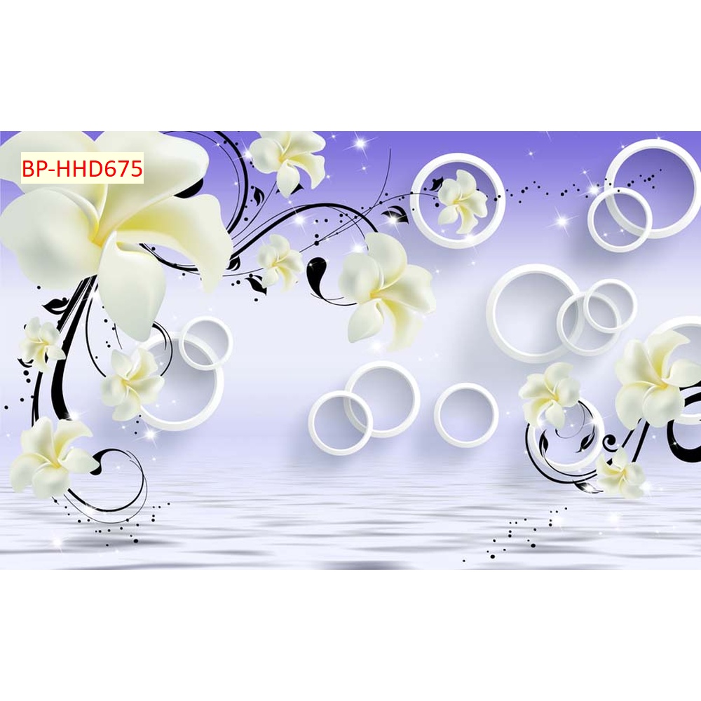 Tranh dán tường 3D hoa màu tím đầy đủ kích thước lựa chọn, tặng kèm phụ kiện