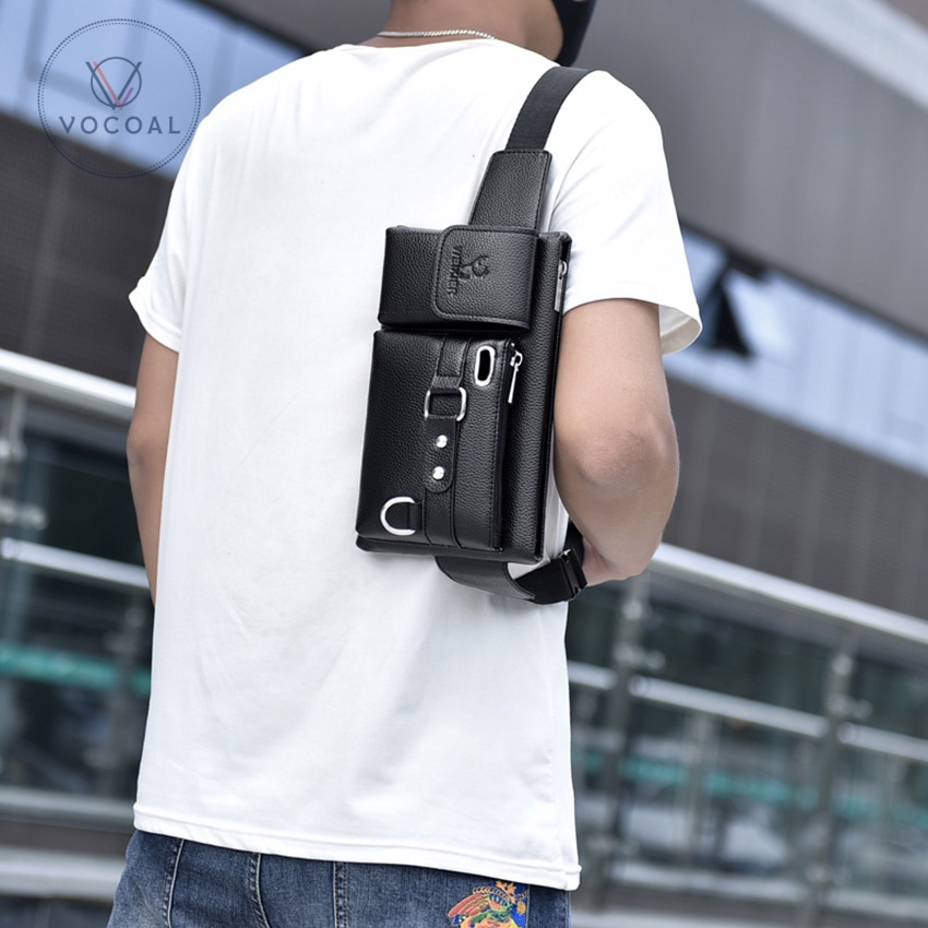 Vocoal Túi đeo thắt lưng cho Nam Túi đeo chéo Túi đeo ngực nam Túi đeo vai thời trang Túi thể thao bằng da PU chống thấm nước có lỗ cắm tai nghe cho du lịch ngoài trời
