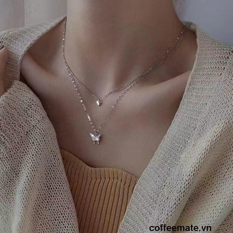 【coffeemate】⚡Vòng cổ hai sợi mặt hình bươm bướm phong cách Hàn Quốc thời trang cho nữ