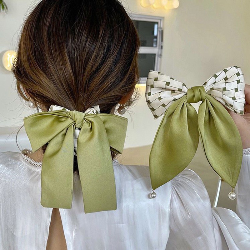 Dây Buộc Tóc Ruy Băng Thắt Nơ Màu Xanh Lá Cây Bản Lớn Thời Trang Cho Nữ