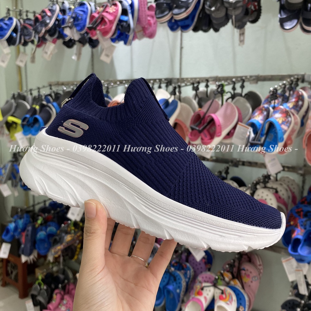 Giày Skechers cổ chun đế cao màu navy êm nhẹ, thời trang cho nữ