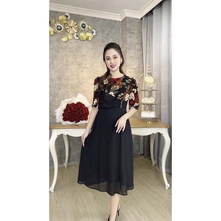 Đầm trung niên quý bà bigsize dáng xoè dài phối hoa đắp chéo cúc ngọc eo thanh lịch trang nhã sang trọng quý phái