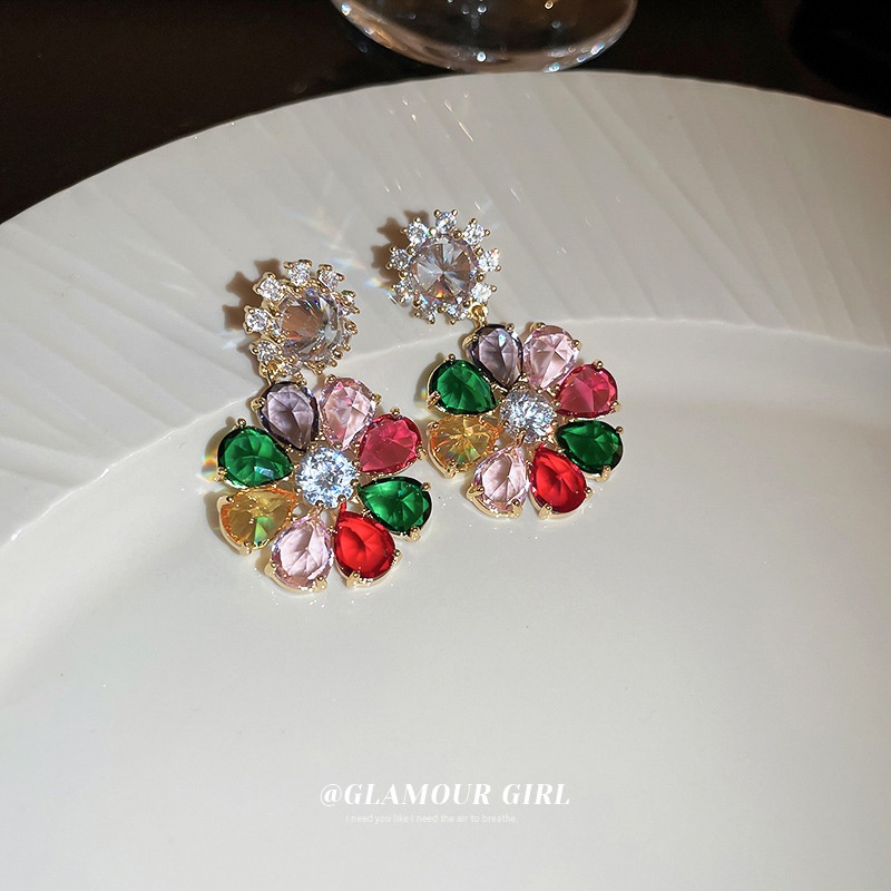 Bông Tai Hình Hoa Đính Đá Zircon Nhiều Màu Thời Trang Cao Cấp Sang Trọng