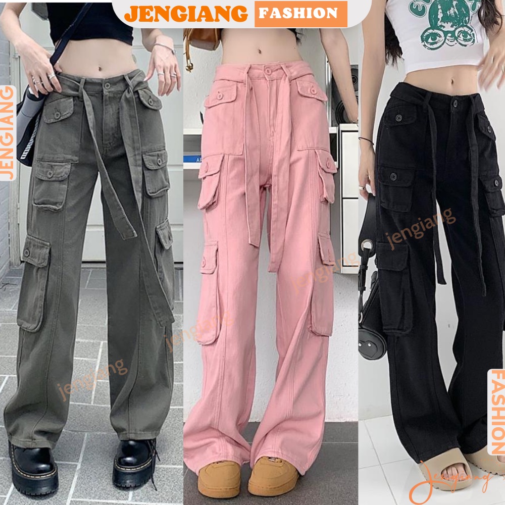 Quần túi hộp cargo pants chất liệu Kaki lưng cao ống rộng phong cách hiphop cá tính Jengiang | BigBuy360 - bigbuy360.vn