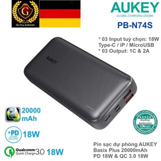 Pin sạc dự phòng AUKEY PB-N74S Basix Plus 20000mAh PD 3.0 18W & SCP 22.5W/ QC 3.0 18W (3 Output, 3 Input)