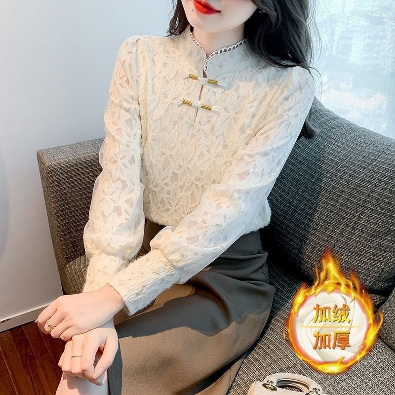 Áo Sơ Mi Tay Dài Phối Ren Dày Dặn Cài Nút Đính Hạt Phong Cách Phương Tây Thời Trang Thu Đông Cao Cấp Dễ Phối Đồ