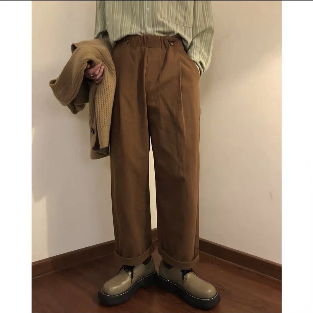Quần dài ống suông rộng phối túi và nút cài màu trơn phong cách Hàn Quốc đường phố vintage đơn giản thời trang cho nam