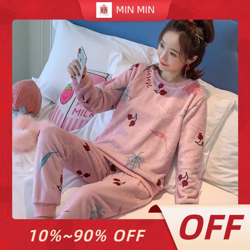 Bộ Đồ Ngủ Bằng Lông Cừu San Hô Dày Dặn Giữ Nhiệt Mùa Đông Phiên Bản Hàn Quốc Cho Nữ