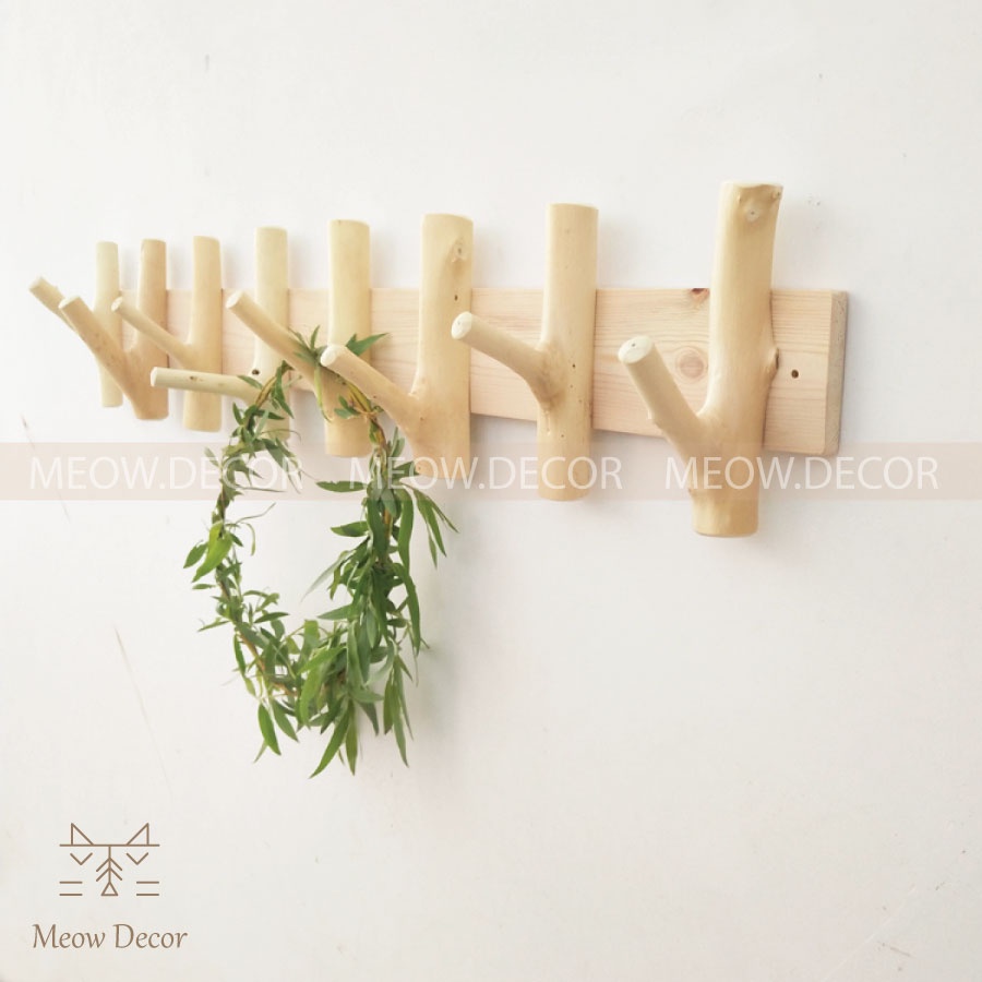 Móc treo quần áo gỗ gắn tường phong cách vintage, giá treo quần áo bằng gỗ trang trí tường (WH01)