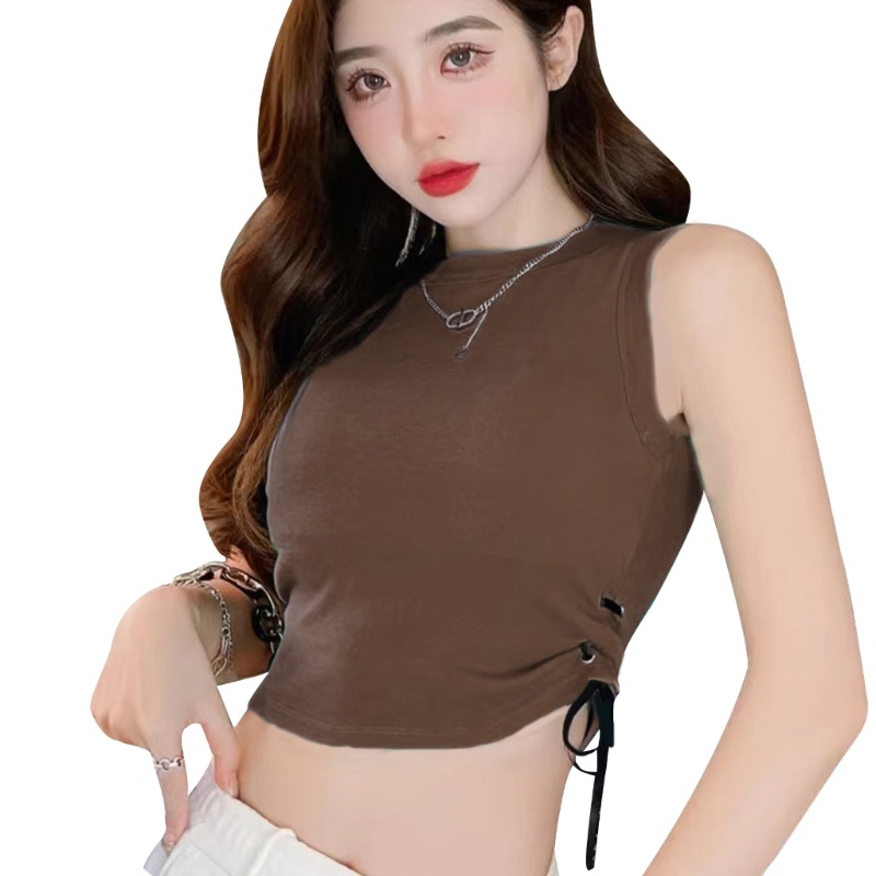 Áo Croptop Không Tay Cổ Tròn Màu Trơn Phối Dây Rút Và Đệm Cá Tính Cho Nữ
