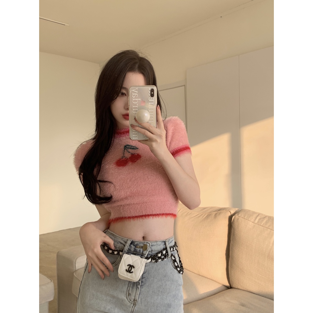 QKOOLE Áo crop top  tay ngắn hở rốn giả lông chồn thời trang mùa hè xinh xắn dành cho nữ
