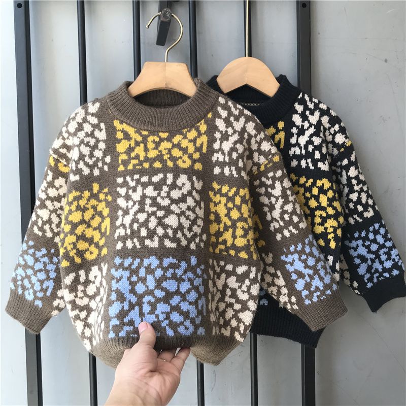 Áo Sweater Chui Đầu Dệt Kim In Họa Tiết Da Báo Thời Trang Thu Đông 2021 Mới Cho Bé Trai