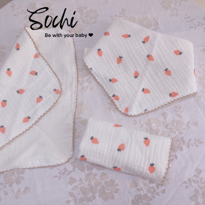 Set 3 khăn yếm giác đa năng vải xô muslin có khuy điều chỉnh họa tiết đáng yêu cho bé SoChi_Kids