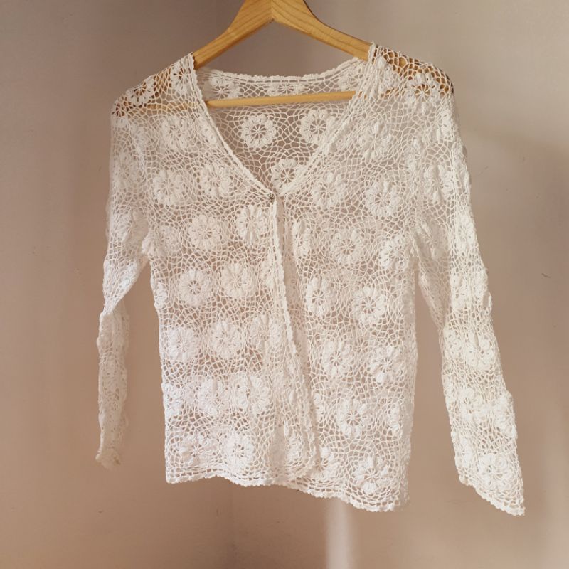 Áo cardigan crochet len móc vintage trắng - em và nắng