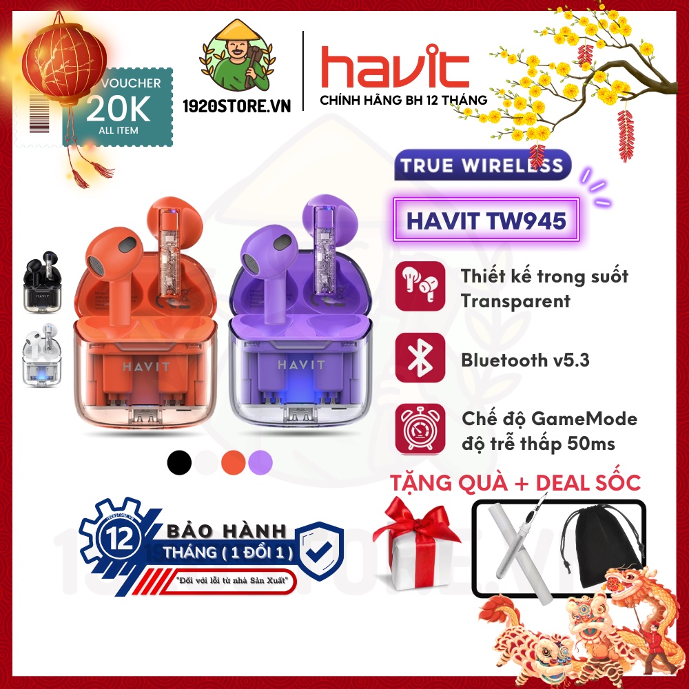 【Hỏa Tốc HCM】Tai Nghe Bluetooth TWS HAVIT TW945, Trong Suốt Transparent, Bluetooth 5.3 - Chính Hãng BH 12 Tháng