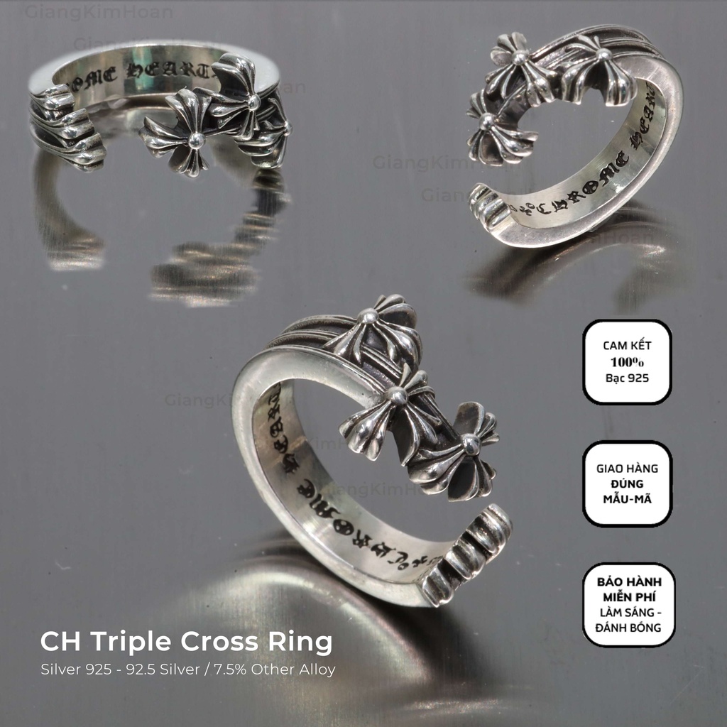 Nhẫn Chrome Hearts Triple Cross nam nữ bạc 925 phong cách cá tính, Nhẫn bạc nam nữ CH sang trọng và tỏa sáng