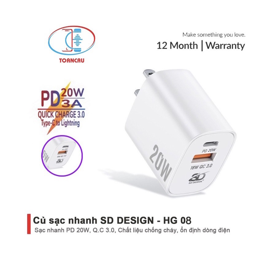 Củ Sạc Nhanh 20W SD Design HG 08 chất lượng cao cho các dòng điện thoại androids và IOS