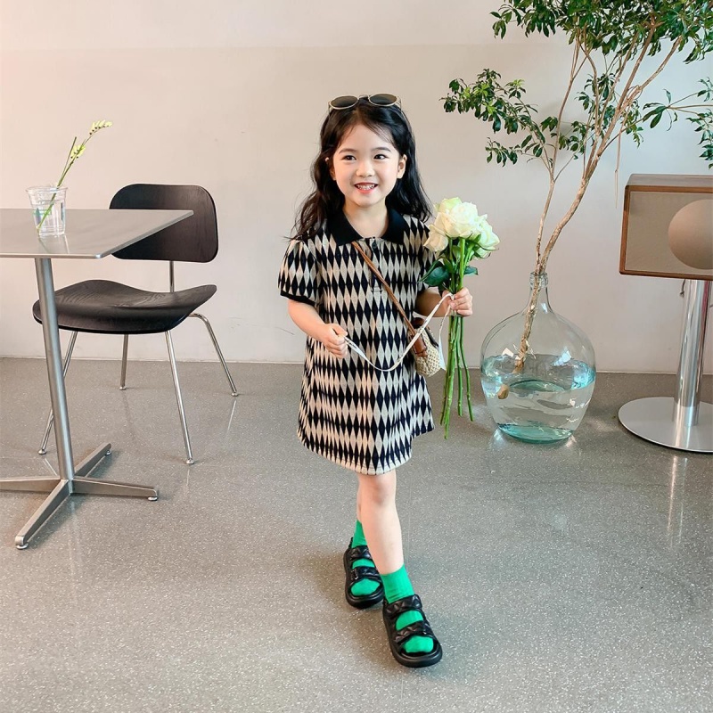 Đầm Thun Cotton Ngắn Tay Cổ POLO Họa Tiết Kẻ Sọc Cho Bé Gái 4-7 Tuổi