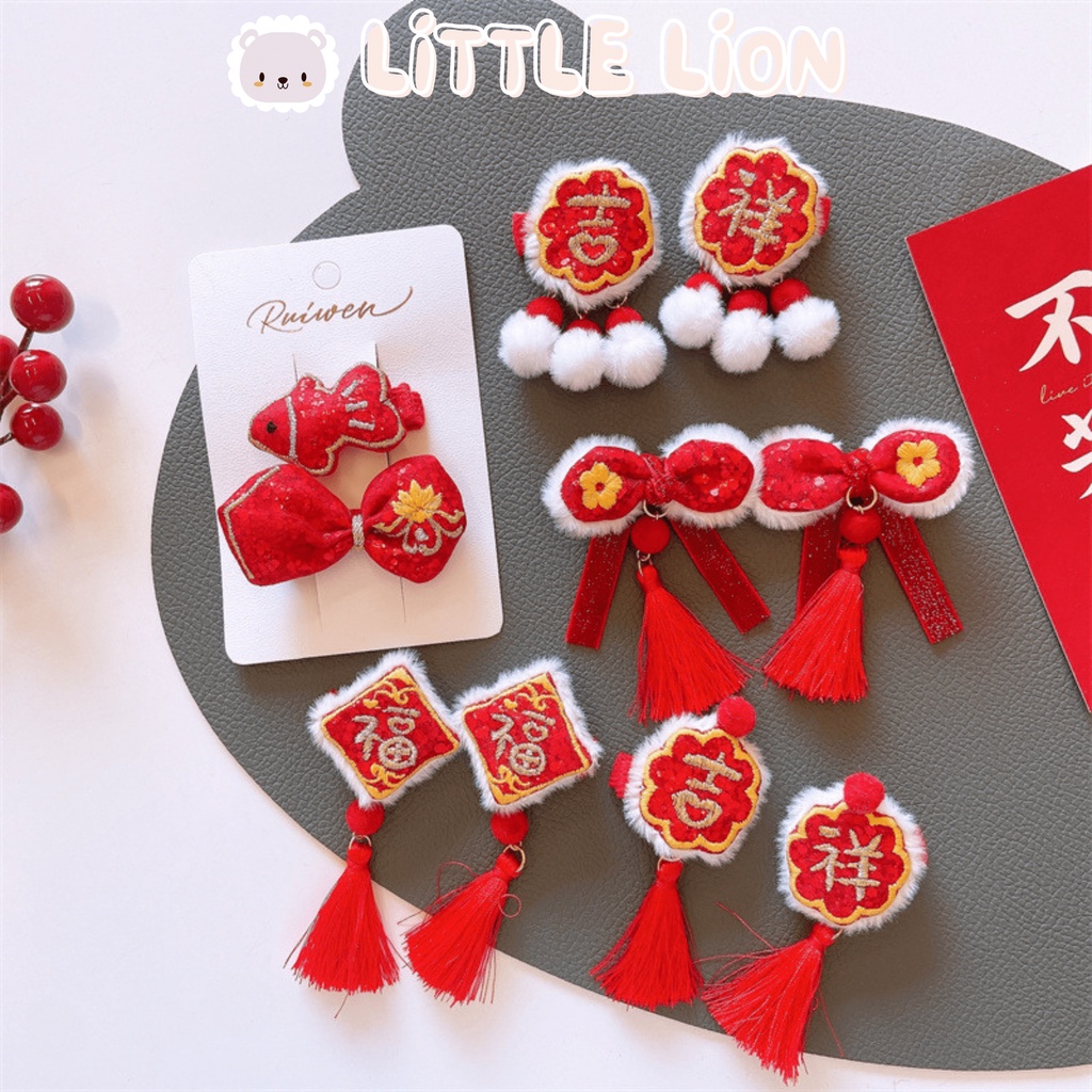 Kẹp Tóc Bông Hoa Màu Đỏ Lấp Lánh Phong Cách Trung Hoa Dễ Thương Cho Bé Gái Dịp Lễ Tết Năm Mới