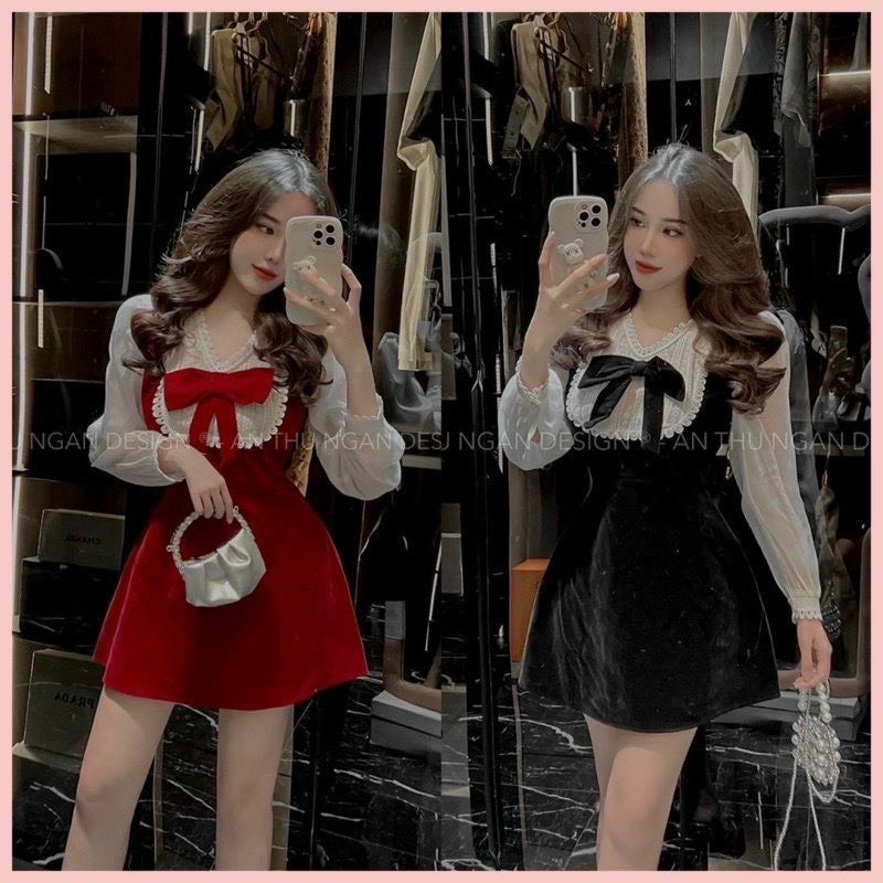 { Có Ảnh Thật } BIG SIZE Đầm Nhung Phối Ren Nơ Tay Dài