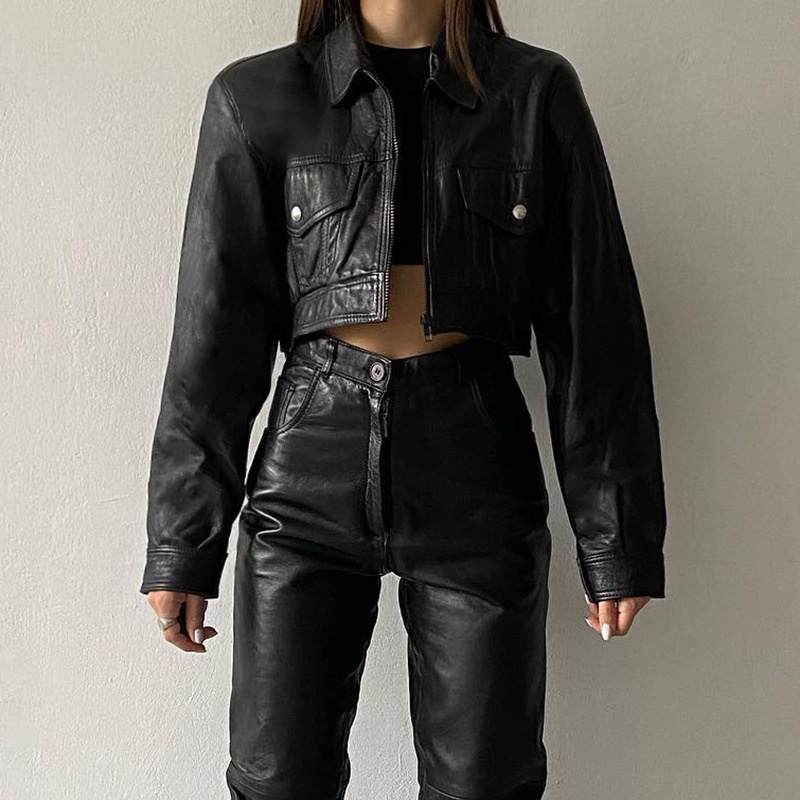 DUNEA Áo Khoác Da Pu Tay Dài Dáng Ngắn Phối Khóa Kéo Thời Trang Đường Phố Cá Tính Cho Nữ