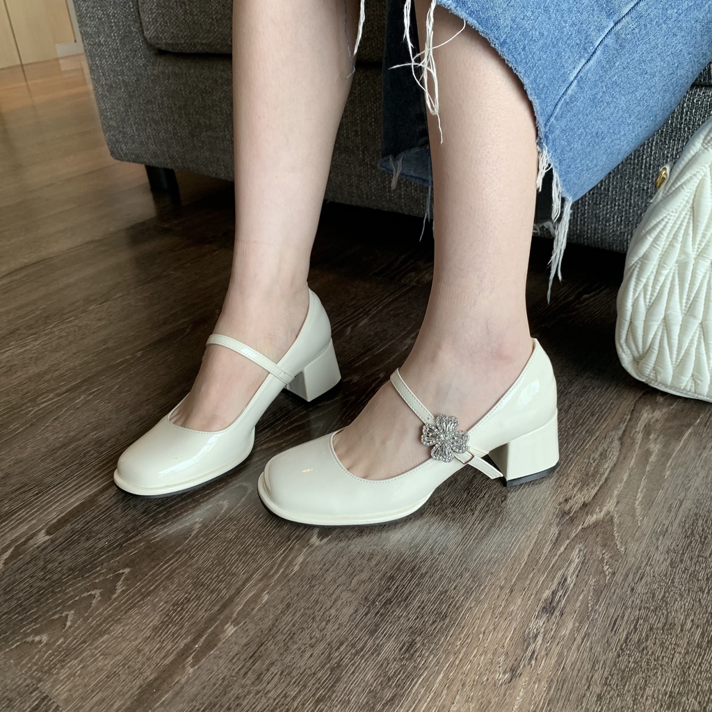 Giày Cao Gót Mary Jane Đế Dày Đính Đá Phong Cách Thời Trang Hàn Quốc Mới SK2023