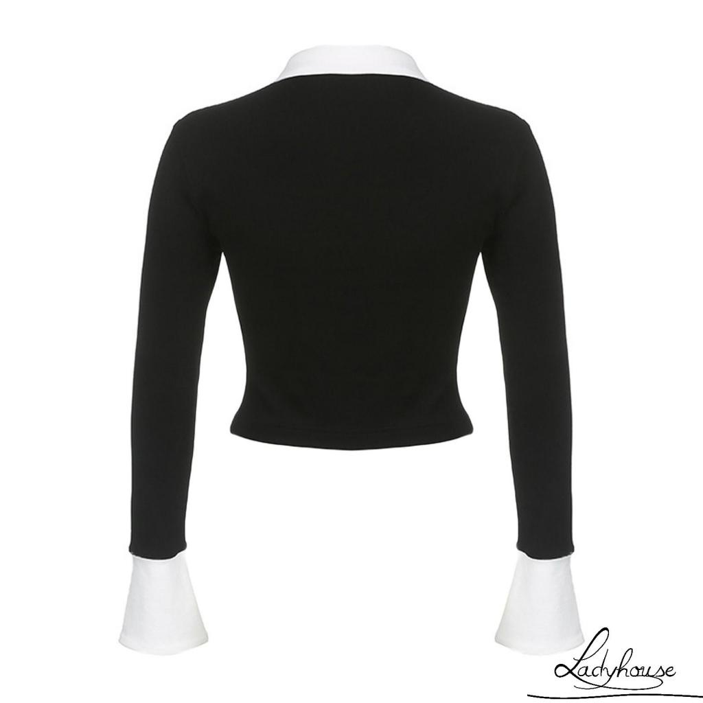 Áo Sơ Mi Tay Dài Loe Màu Sắc Tương Phản Thời Trang Xuân Thu Dành Cho Nữ