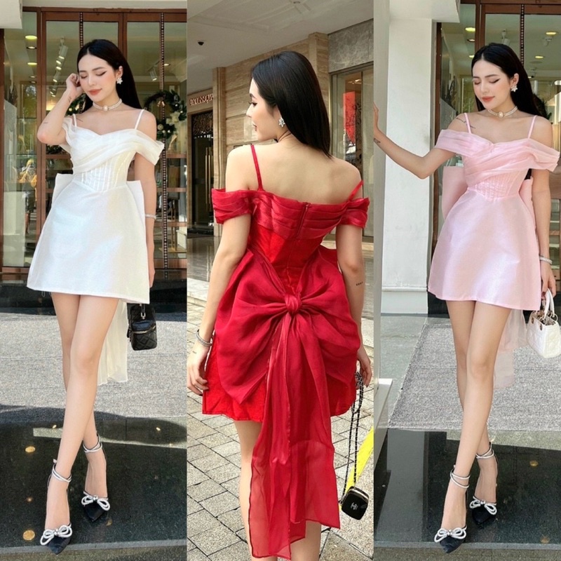 Đầm tafta nhũ phối tơ 2 dây trễ bẹt vai nơ lưng trắng đỏ hồng, váy ngắn dáng chữ A tiểu thư sang trọng quý phái dự tiệc