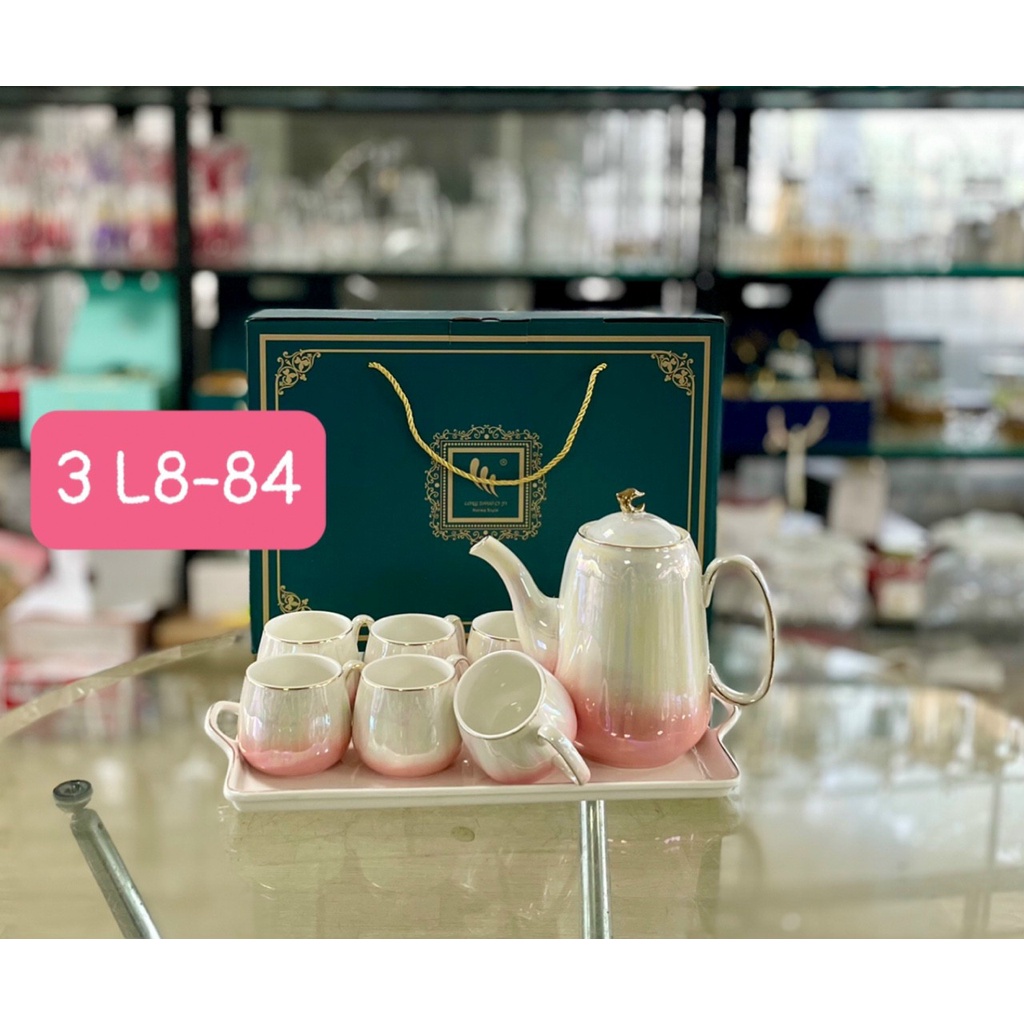 Bộ ấm chén sứ ánh trai trắng hồng kèm khay mẫu mới