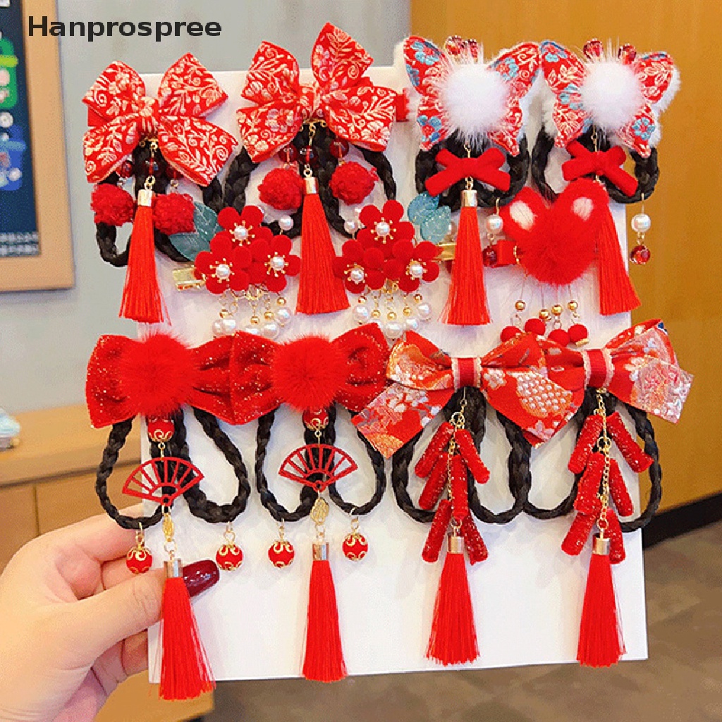 Bộ Kẹp Tóc Tua Rua Màu Đỏ Phong Cách Trung Hoa Mừng Năm Mới Cho Bé Gái