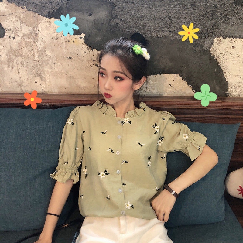 Happy-store ❤️Phiên bản Hàn Quốc của áo sơ mi ngắn tay mỏng dành cho nữ thiết kế phù hợp với áo hoa ngắn phù hợp với tất