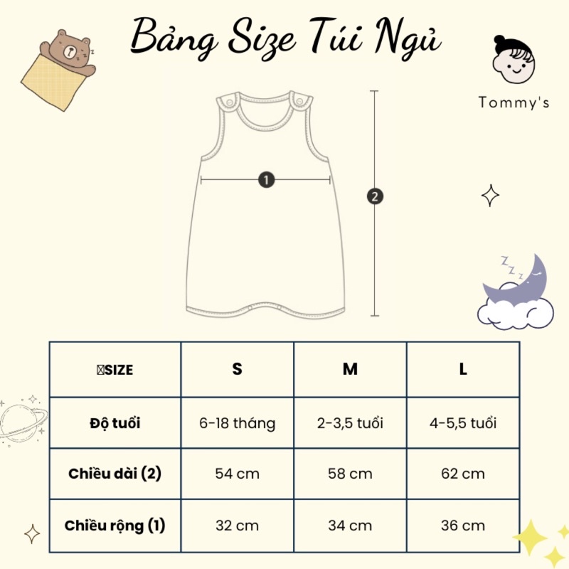 Túi Ngủ Cộc Thu Đông Chần Bông Cotton Cho Bé Trai Bé Gái TOMMY HOUSE
