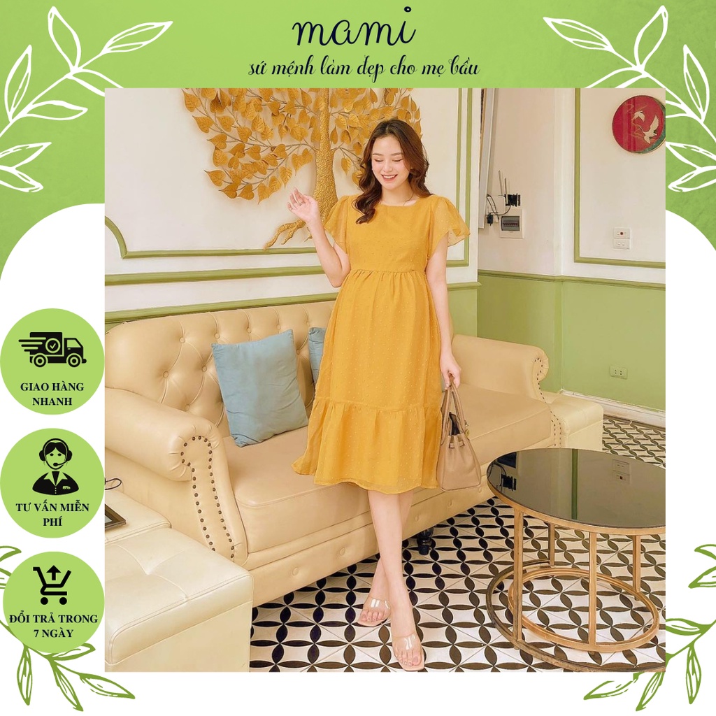 Váy bầu, đầm bầu thiết kế mami dáng xòe dài qua gối, có nơ sau lưng chất liệu tơ gảy hạt phù hợp đi tiệc đi chơi du lịch