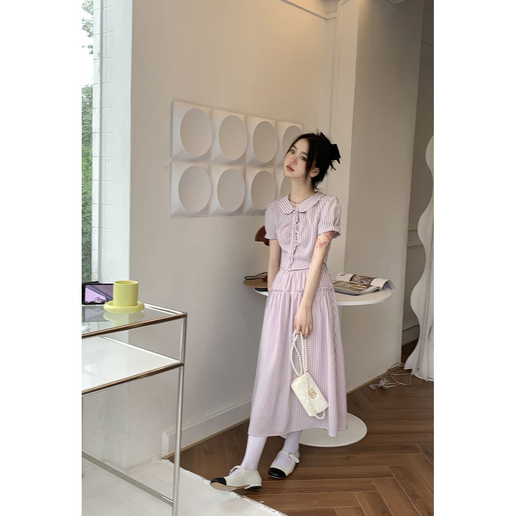 Set Áo Sơ Mi Và Chân Váy Caro Phong Cách Retro Thời Trang Cho Nữ