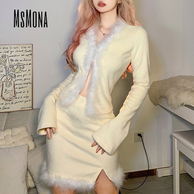 MsMona Bộ Đồ Thời Trang 2023 Cổ Chữ V Ôm Dáng Phối Màu Tương Phản Quyến Rũ Cho Nữ