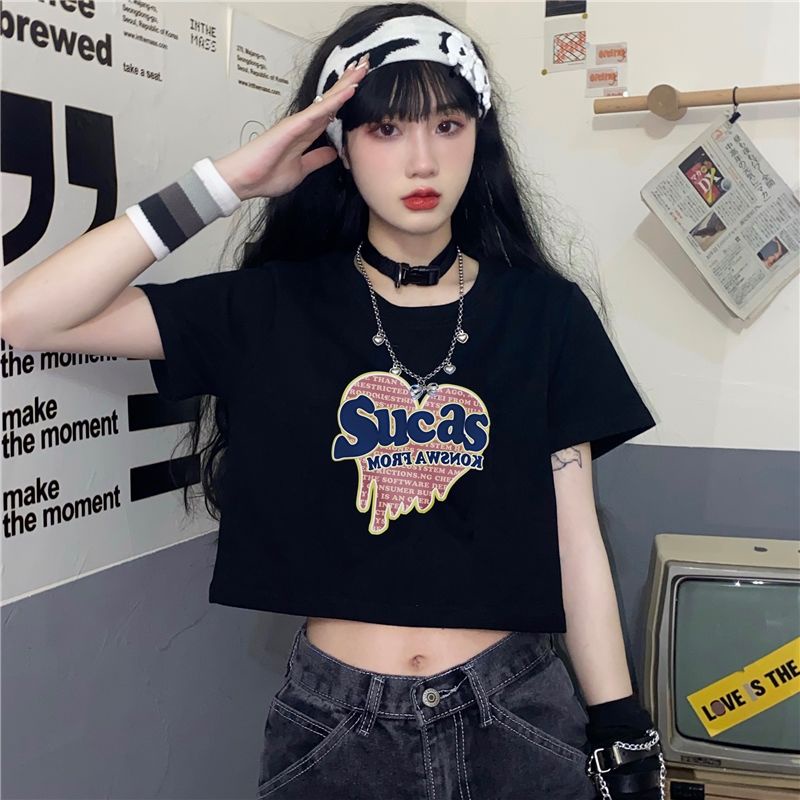 Áo Thun Crop Top Tay Ngắn Cổ Tròn In Họa Tiết Retro Thời Trang Mùa Hè Dành Cho Nữ