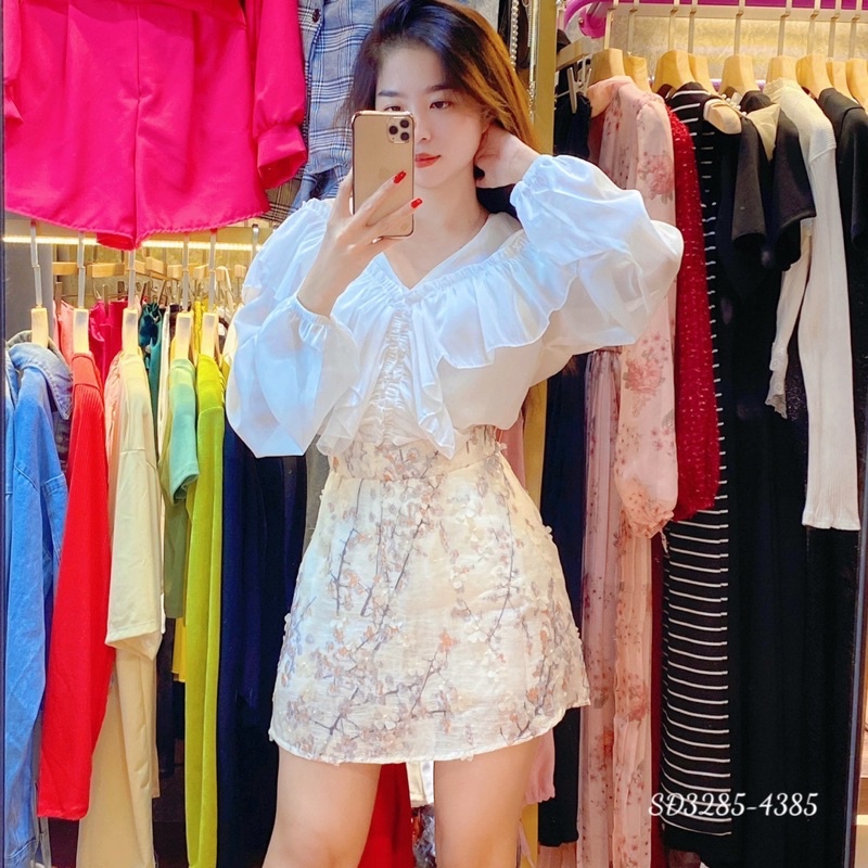 Đầm phối sơ mi tơ chạy ren cổ đức mix chân váy trắng