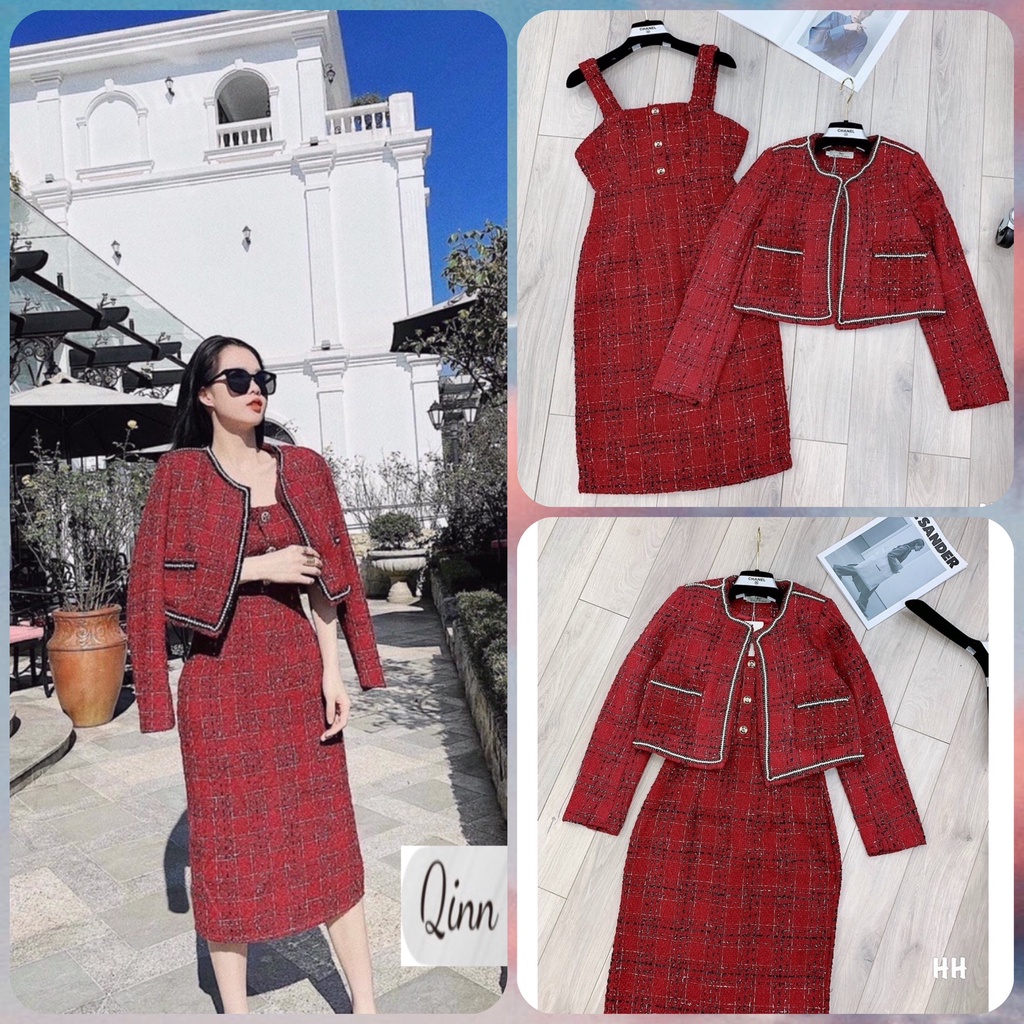 Set Áo Dạ Tweed Kẻ Vuông Viền Đính Hạt Và Váy Dạ, Hàng Thiết Kế Cao Cấp