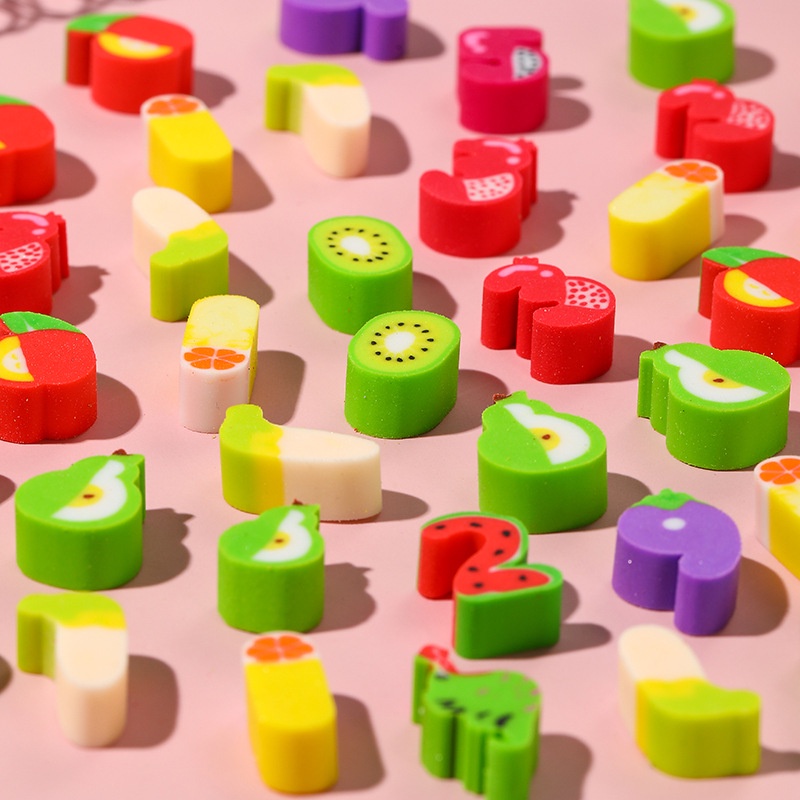 Set 20 Cục Tẩy Bằng PVC Mini 10 * 10mm Họa Tiết Trái Cây / Số / Trái Cây Hoạt Hình Đa Dụng