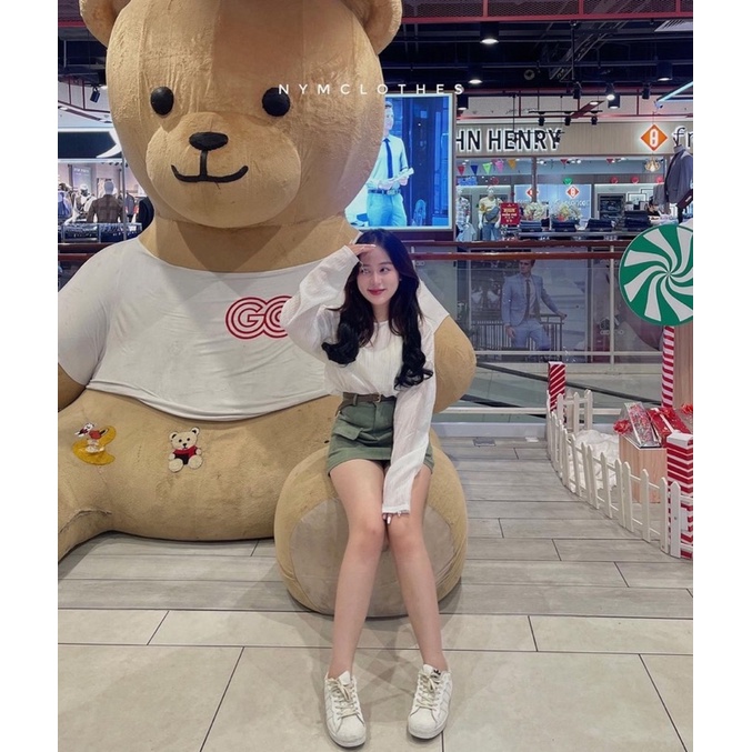 SET ÁO TAY DÀI TRẮNG XỐP + CHÂN VÁY XANH ĐẬU TÚI HỘP (TH)