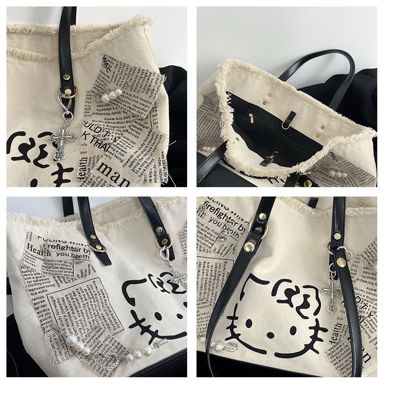 MISCHA Túi Xách canvas Sức Chứa Lớn Thêu Họa Tiết Dễ Thương Thời Trang niche Y2Y Cho Nữ