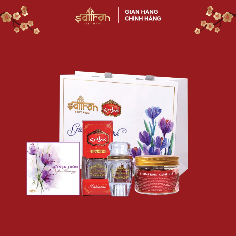 Set quà tặng Saffron Bahraman, trà nụ hồng có túi giấy và thiệp đi kèm thương hiệu saffron Việt Nam