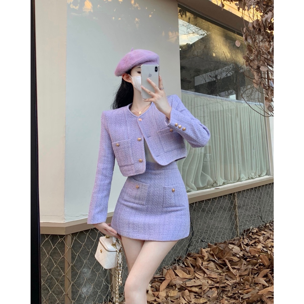 Set Dạ Tweed Chất Đẹp 2 Món Chân Váy Dáng Chữ A Khoác Ngoài Màu Tím Cúc Đồng Trắng Tôn Dáng Sang Trọng Dự Tiệc Hàng QCC