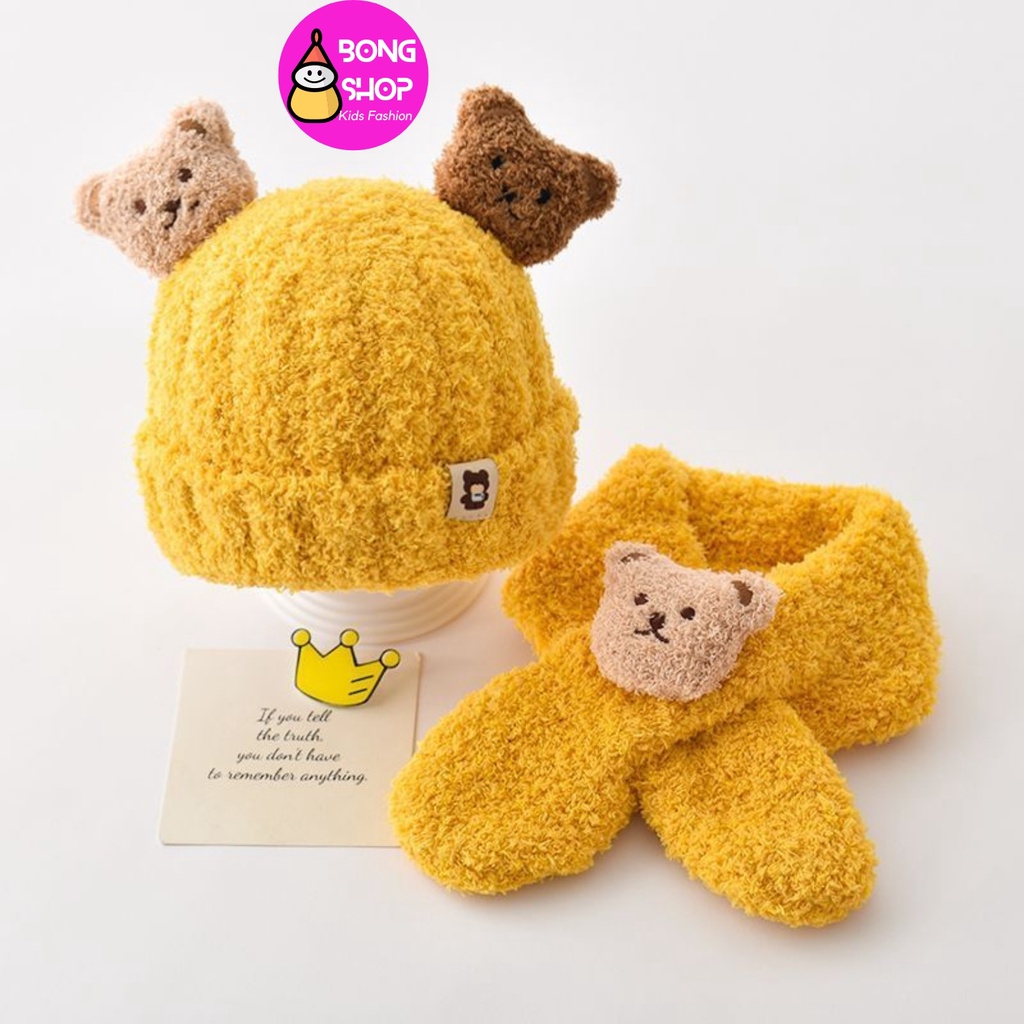 Set mũ và khăn quàng cổ len hình gấu dành cho bé trai bé gái 1 - 3T  mùa đông ấm áp