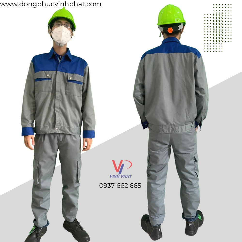 Đồng phục công nhân vải kaki phối màu xám xanh, xám cam, quần áo bảo hộ lao động, trang phục ngành nghề chất lượng