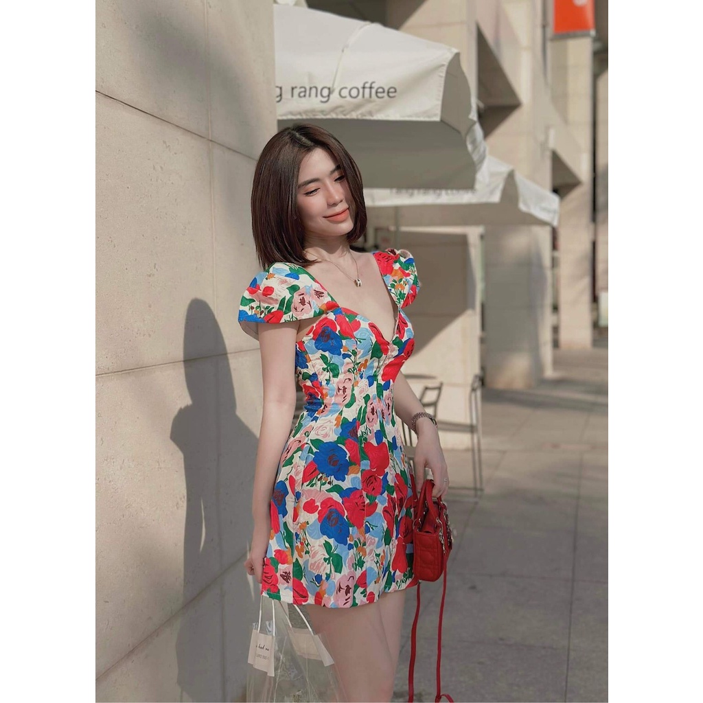 Váy cánh tiên cổ vuông họa tiết hoa hồng trẻ trung, nữ tính thời trang công sở dạo phố LEVAN sang chảnh thanh lịch D1