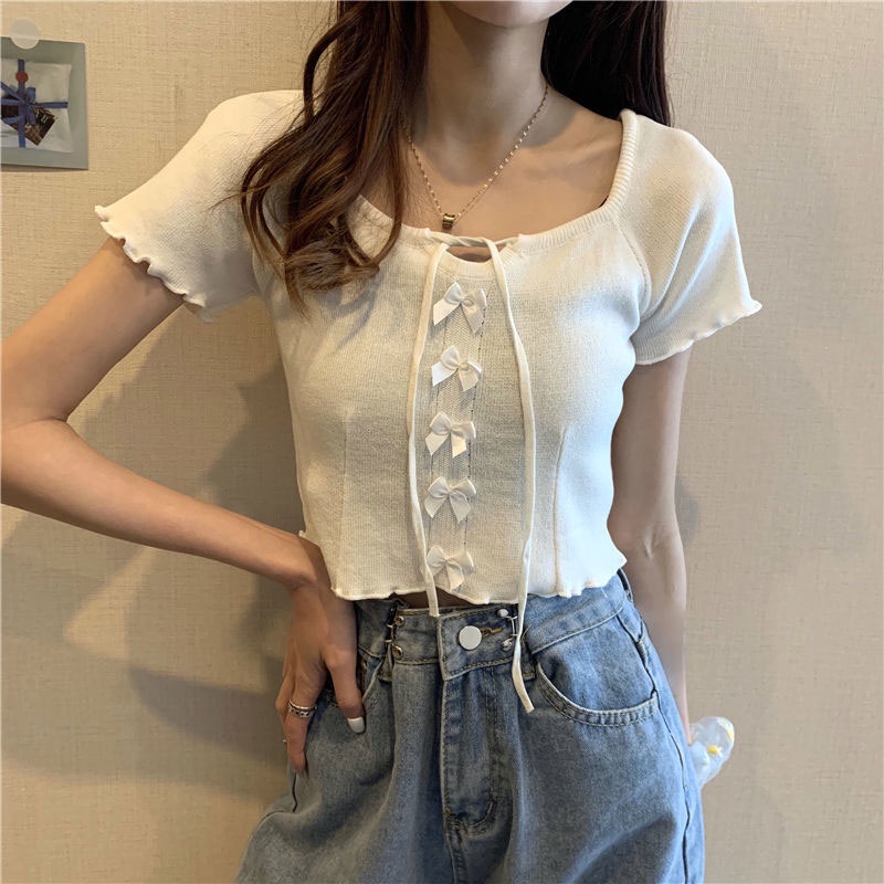 Áo Thun Lửng Ngắn Tay Eo Cao Ôm Dáng Phong Cách Mới Cho Nữ