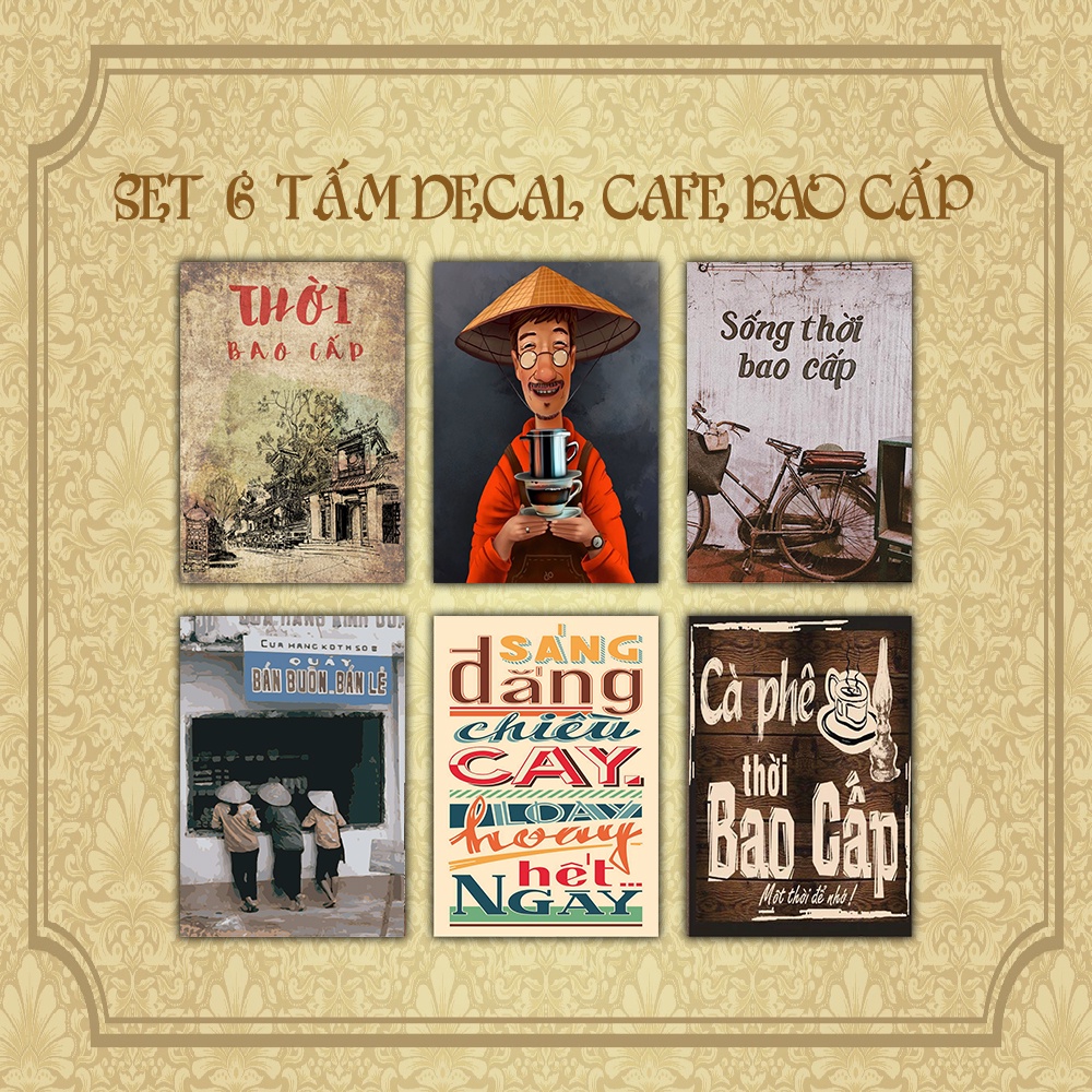 Set decal 6 tấm Mini, tổng hợp set decal dán tường khổ A5 Hot, tranh dán decor quán coffee, trang trí vintage, Hà Nội