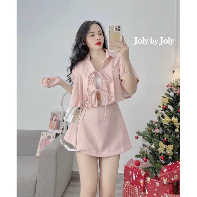 Set 2 món áo croptop cột dây nơ + chân váy hồng