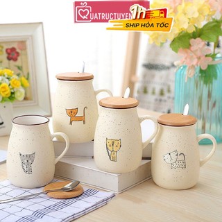 Cốc sứ trắng hình mèo nắp gỗ 400ml, mẫu cốc hình mèo thần tài, màu may mắn tặng bạn, người thân